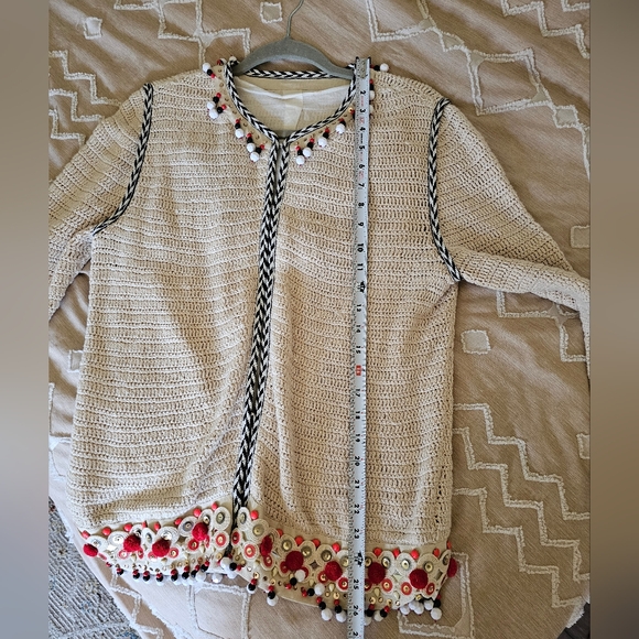 Tory Burch Embellished Linen Jacket Blazer Woven Jewelled Pom Pom Sweater - Picture 12 of 13